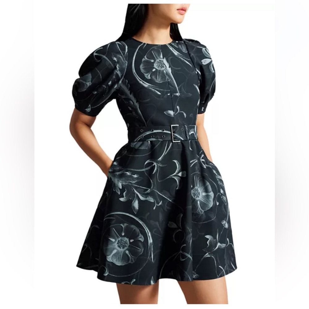 Ted Baker black puff sleeve Saaraih mini dresss with belt size 1 (US size 4)